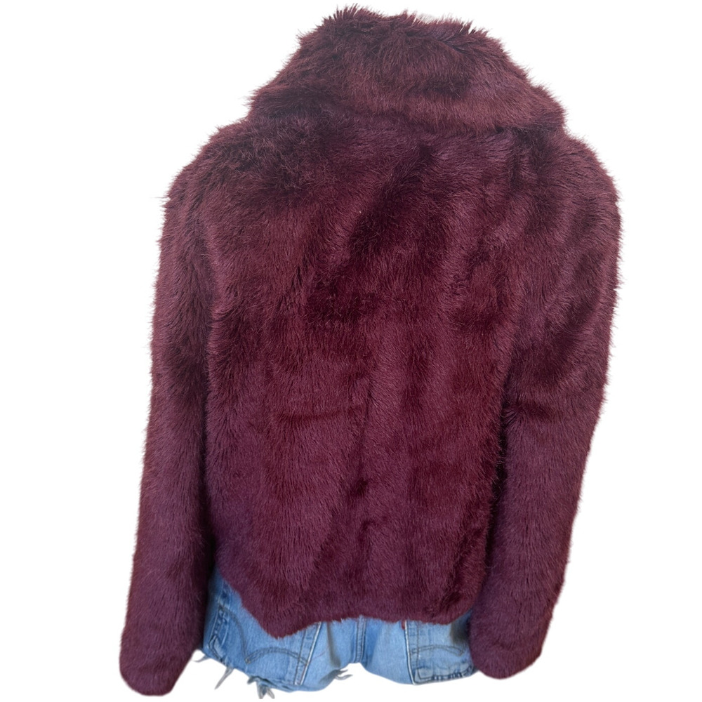 Unreal Fur Burgundy Faux Fur Jacket LARGE Formal Glam Teddy Coat Designer $339 - Picture 6 of 10